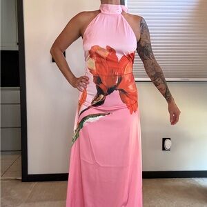 Elegant Pink Floral Halter Dress